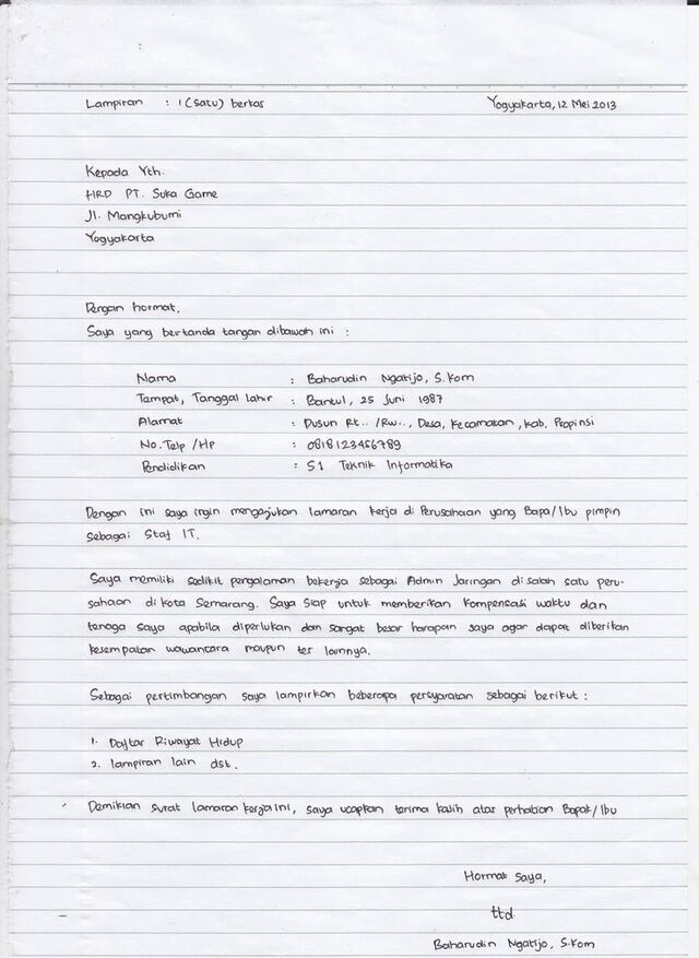 Contoh Surat Lamaran Kerja di PT
