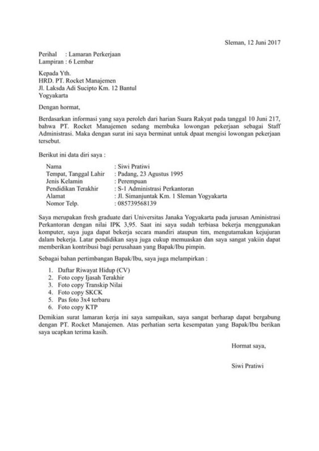 Contoh Surat Lamaran Kerja di PT