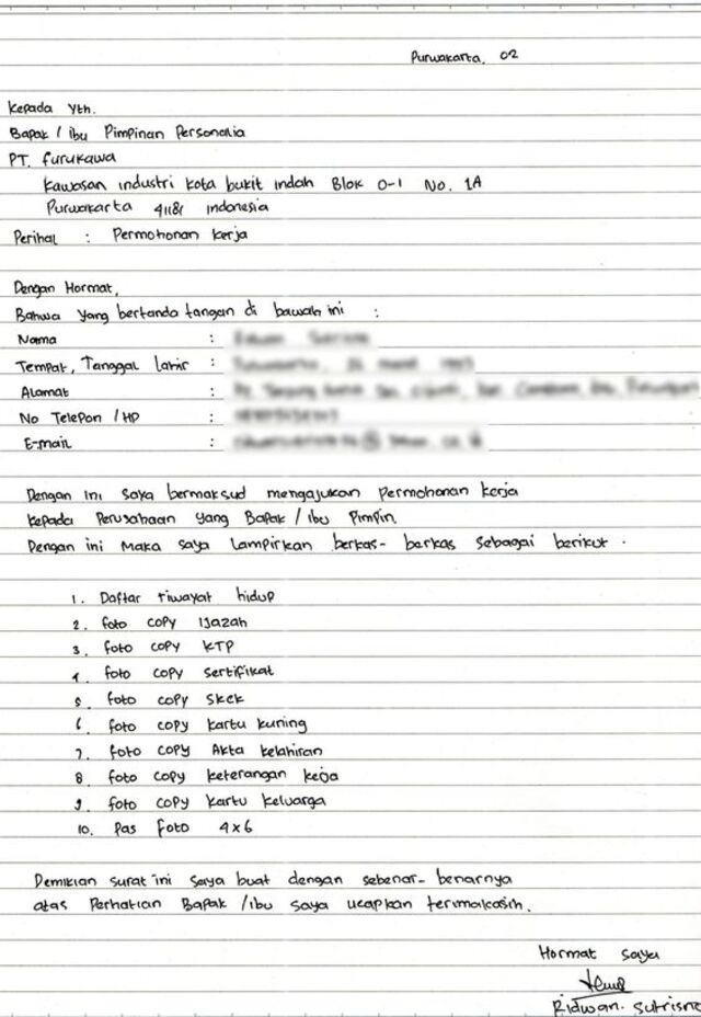 Contoh Surat Lamaran Kerja di PT