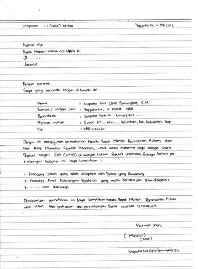 contoh surat lamaran cpns tulis tangan