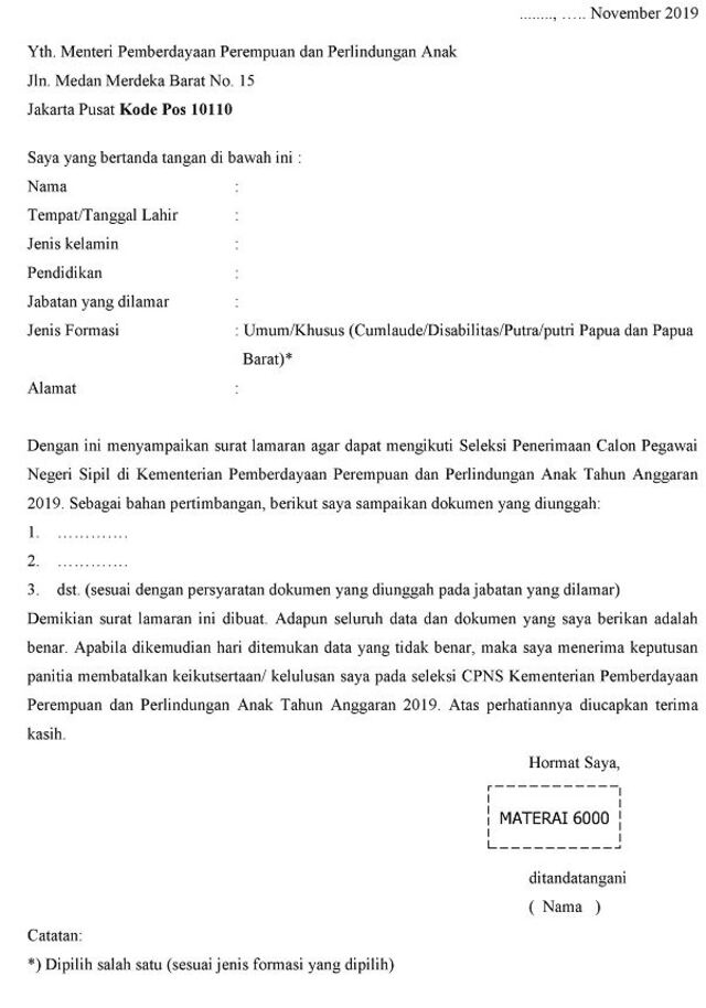 contoh surat lamaran cpns