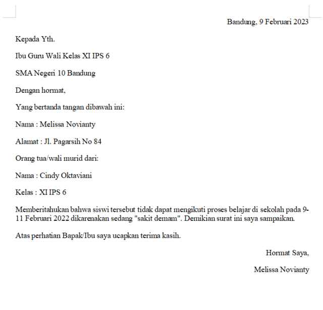 contoh surat izin sakit sekolah sma