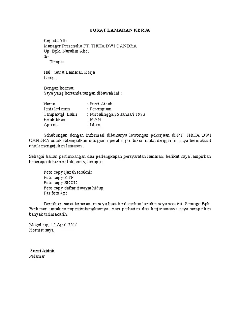 Contoh Surat Lamaran Lerja di PT Sebagai Karyawan Lulusan SMA