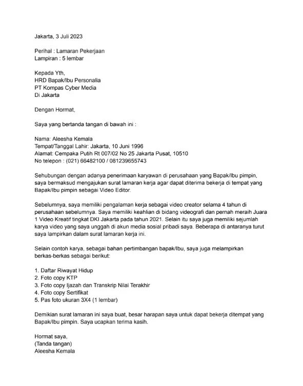 Contoh Surat Lamaran Kerja di PT sebagai Karyawan