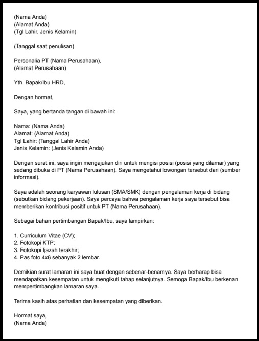 Contoh Surat Lamaran Lerja di PT Sebagai Karyawan