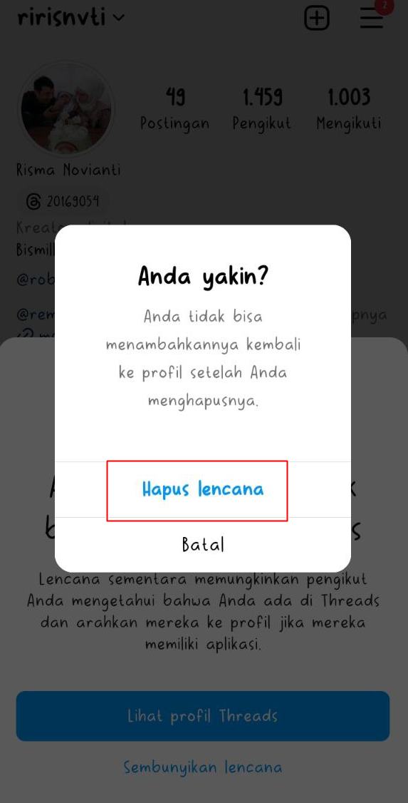 cara menghapus threads di bio instagram