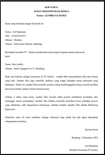 Surat Rekomendasi Kerja