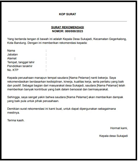 contoh surat rekomendasi kerja dari desa