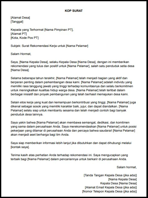 contoh surat rekomendasi kerja dari desa