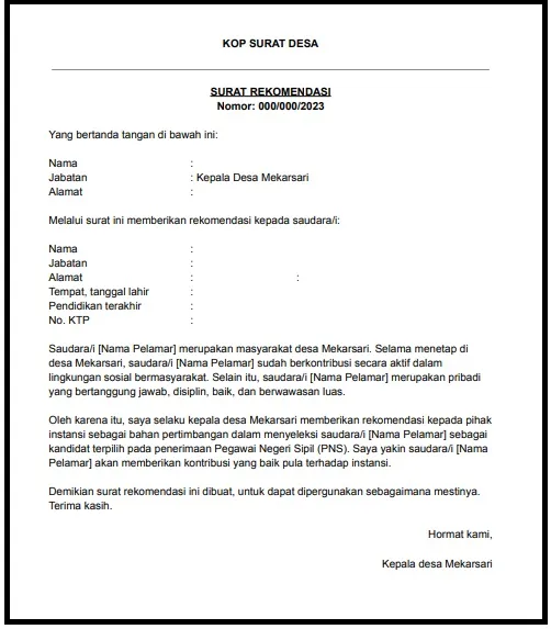 contoh surat rekomendasi kerja dari desa