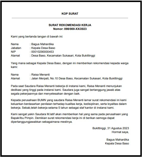 contoh surat rekomendasi kerja dari desa