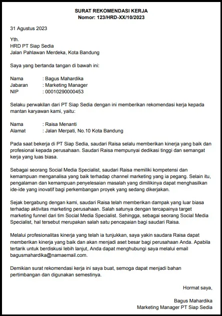 Surat Rekomendasi Kerja