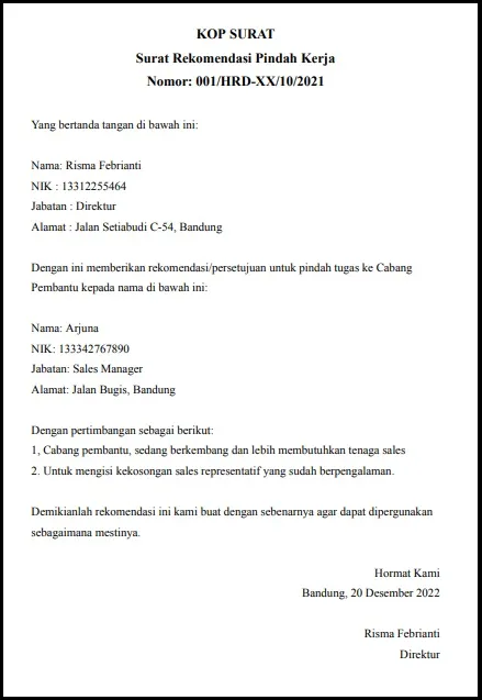 Surat Rekomendasi Kerja