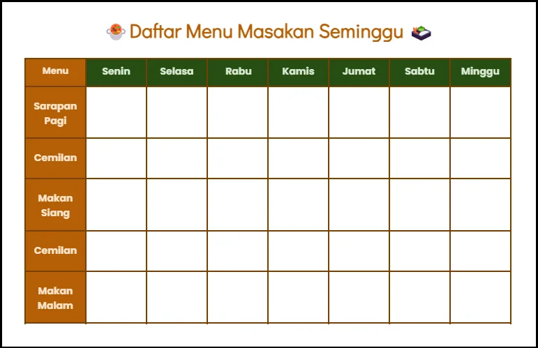 daftar menu masakan sehari-hari yang sederhana dalam seminggu