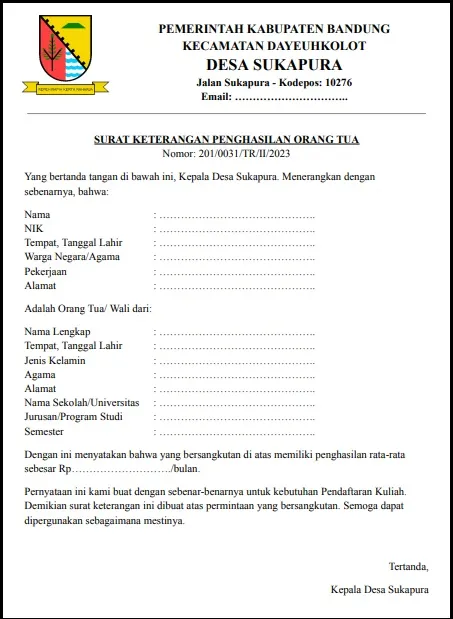 surat keterangan penghasilan orang tua
