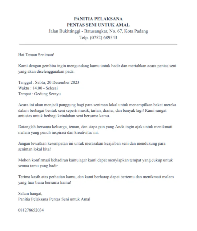 contoh surat undangan tidak resmi