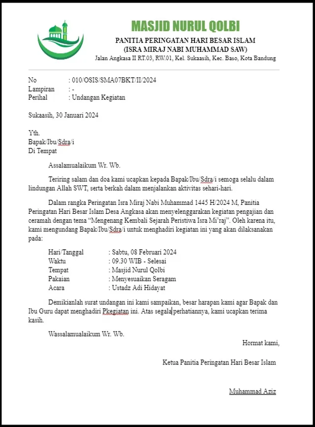 contoh surat undangan isra miraj