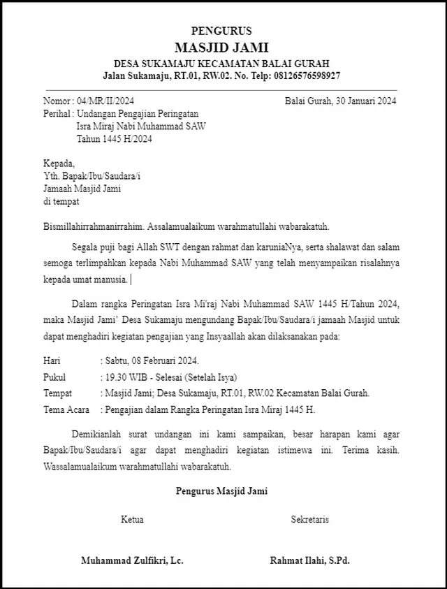 contoh surat undangan isra miraj