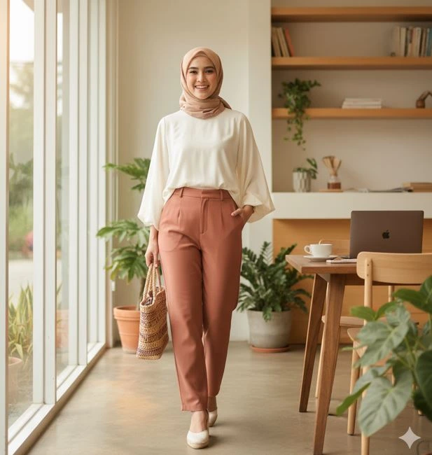 outfit ibu muda blouse rayon celana kain high waist