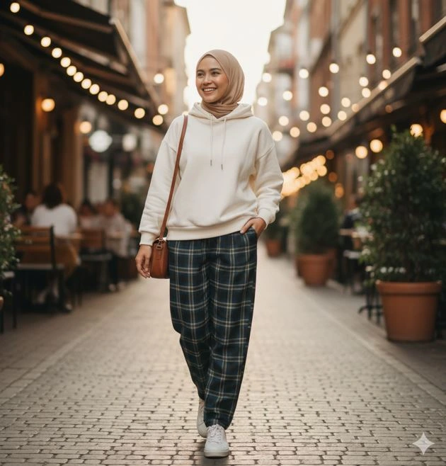 outfit ibu muda celana tartan hoodie