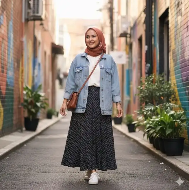 outfit ibu muda jaket denim oversize dan rok flare