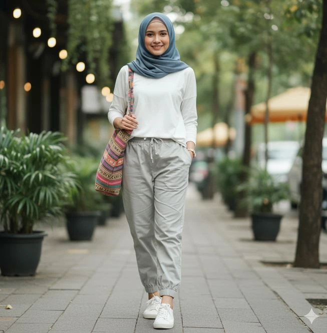 outfit ibu muda jogger pants kaos lengan panjang
