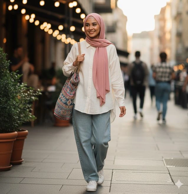 outfit ibu muda kemeja oversize celana jeans longgar