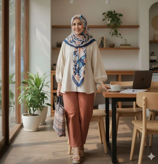 outfit ibu muda long blouse oversize celana kulot hijab motif