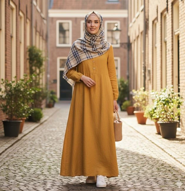 outfit ibu muda long dress polos pashmina plaid