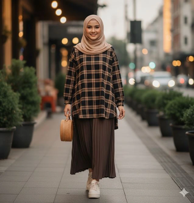 outfit ibu muda tunik plaid oversize rok plisket