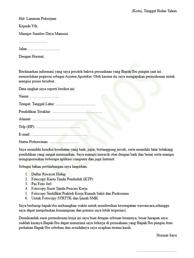 Contoh Surat Lamaran Kerja di Apotek