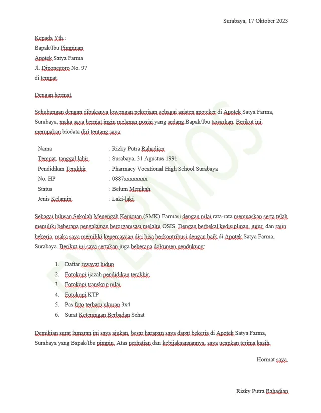 Contoh Surat Lamaran Kerja di Apotek