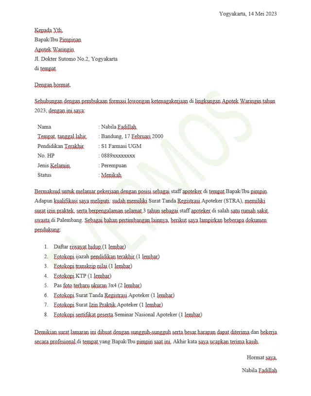 Contoh Surat Lamaran Kerja di Apotek