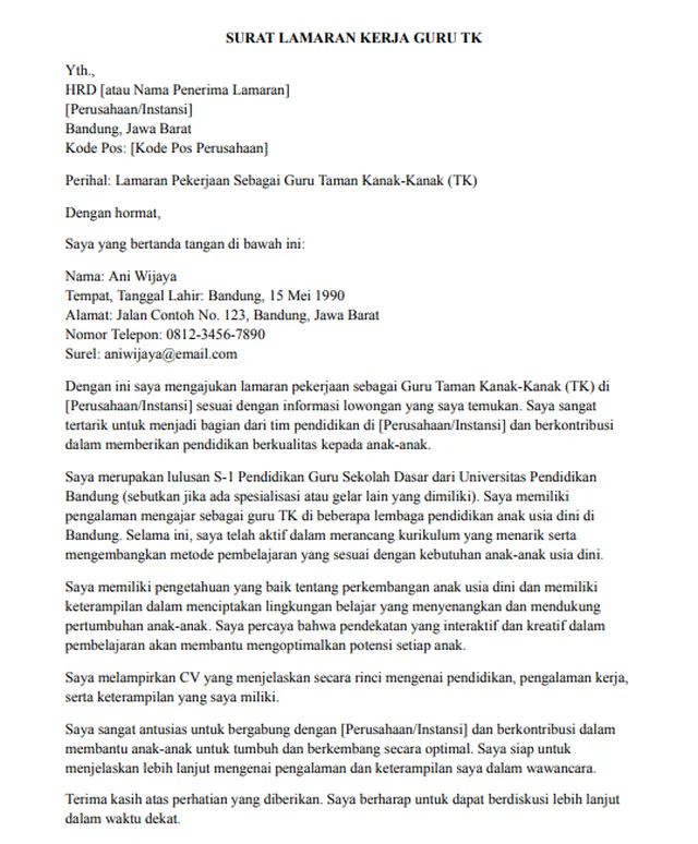 Contoh Surat Lamaran Pekerjaan Guru TK