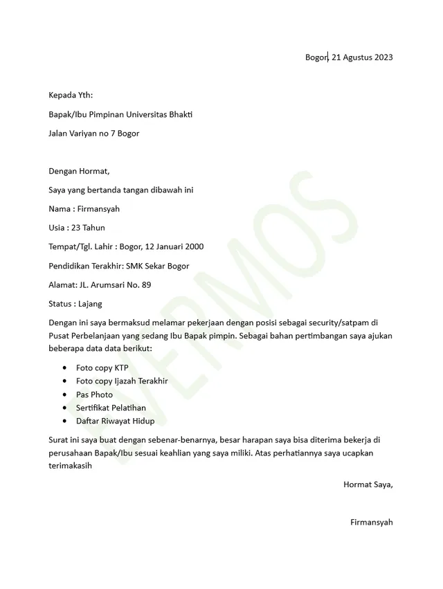 contoh surat lamaran kerja satpam