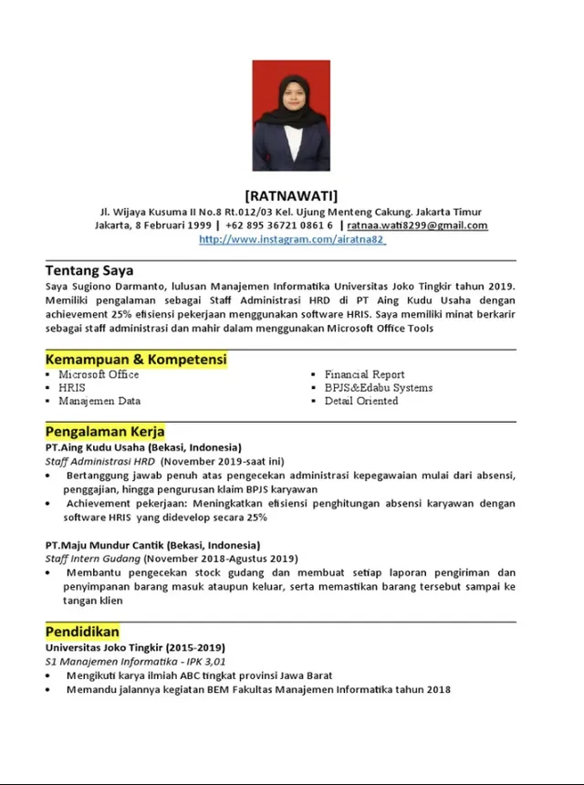 contoh cv mahasiswa admin