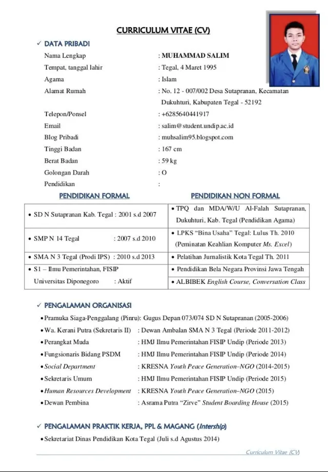 contoh cv mahasiswa baru