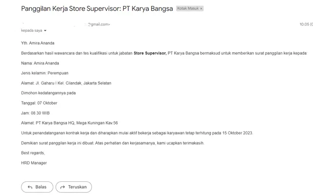 contoh email panggilan kerja
