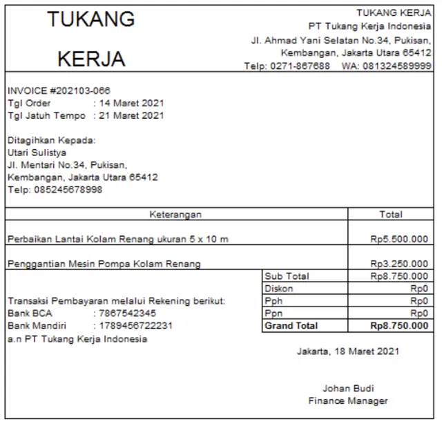 contoh invoice tagihan jasa proyek