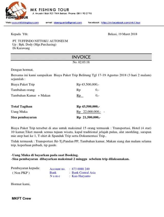 Contoh Invoice Tour and Travel
