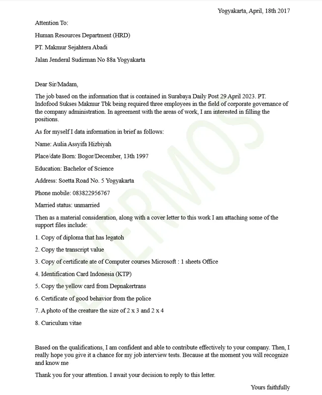 contoh lamaran kerja inggris dari social media