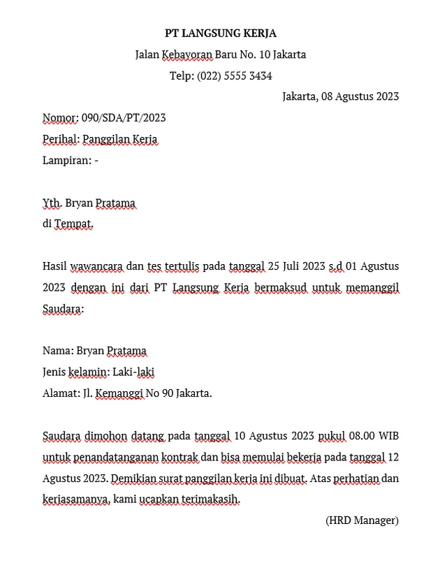 Contoh Surat Panggilan Diterima Kerja