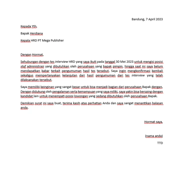 contoh surat follow up panggilan kerja