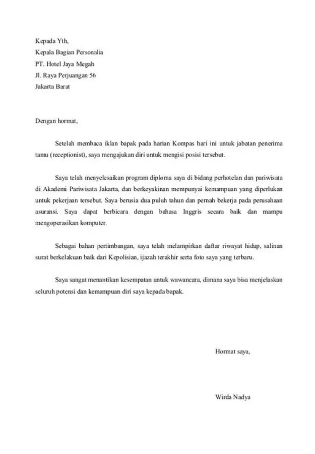 contoh surat lamaran kerja di hotel posisi waitress
