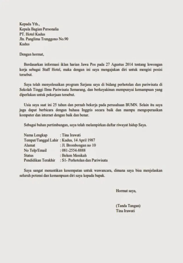 contoh surat lamaran kerja di hotel posisi staff
