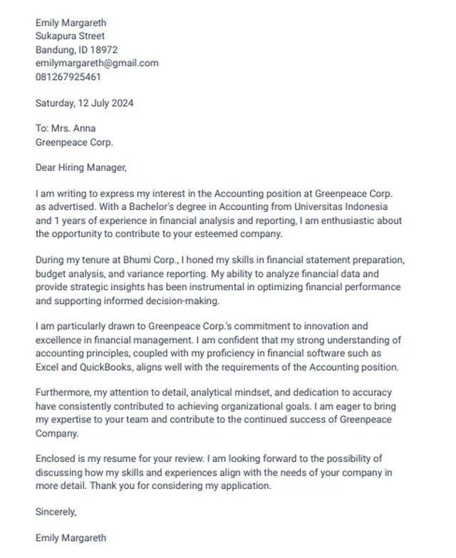 Contoh Surat Lamaran Kerja Accounting Bahasa Inggris 