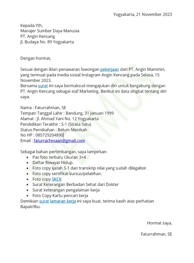7 Contoh Surat Lamaran Kerja Berdasarkan Informasi di Media Sosial