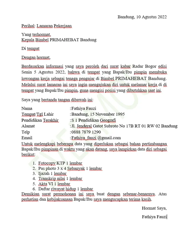 3 Contoh Surat Lamaran Kerja Guru Bimbel yang Baik dan Benar contoh surat lamaran kerja bimbel