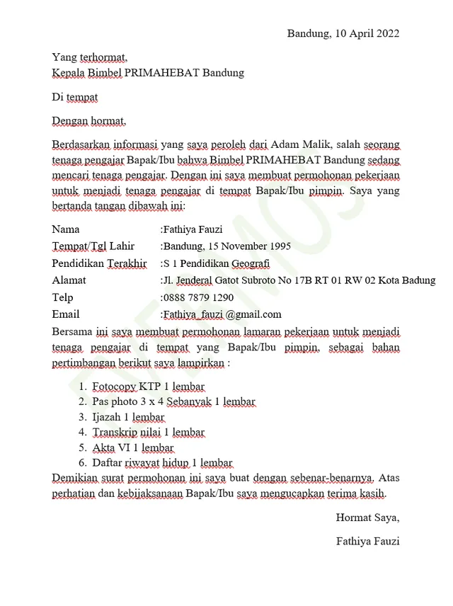 3 Contoh Surat Lamaran Kerja Guru Bimbel yang Baik dan Benar contoh surat lamaran kerja bimbel