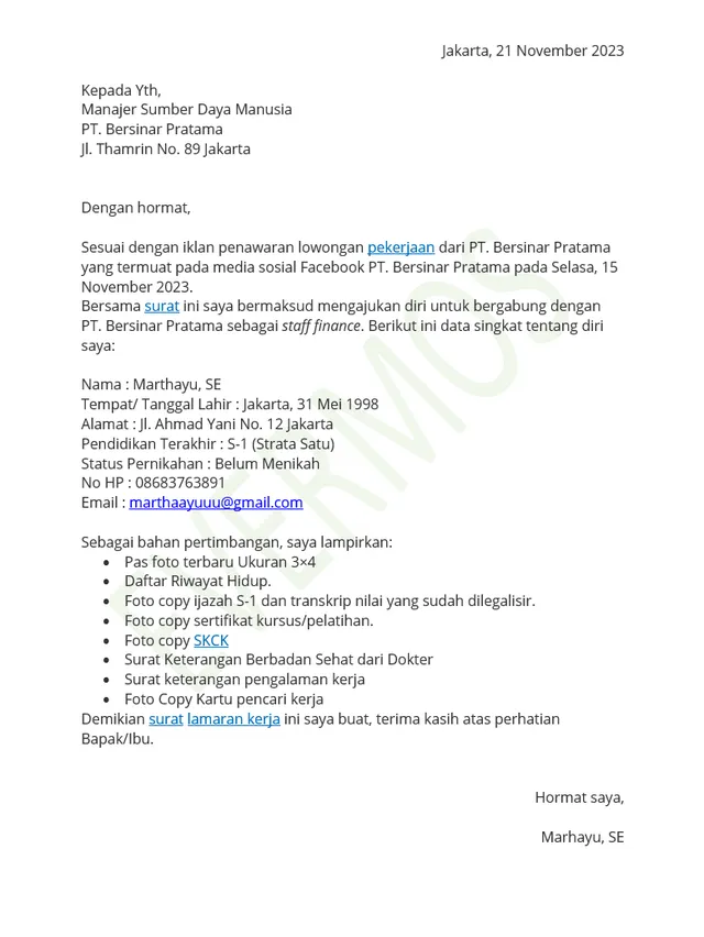 Contoh Surat Lamaran Kerja Berdasarkan Informasi di Media Sosial
